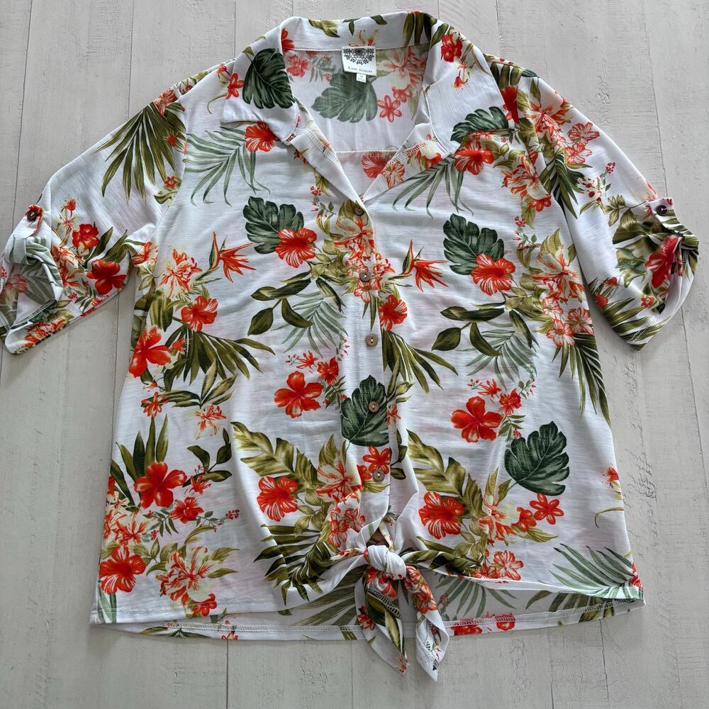 Late August Tropical Floral Red White and Green Tie Front  Top Size M Beachy